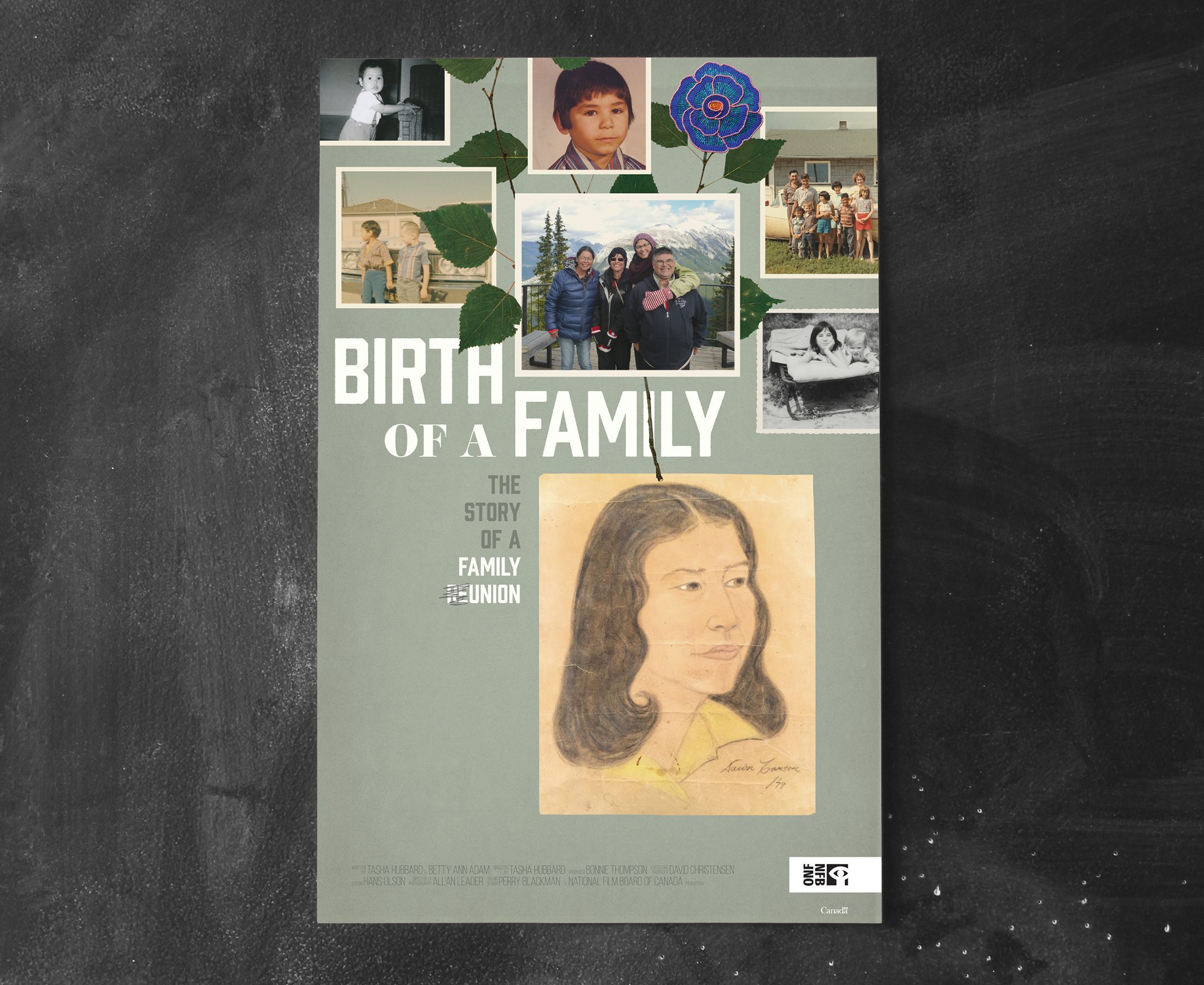 Poster for the film Birth of a Family on a dark chalkboard background