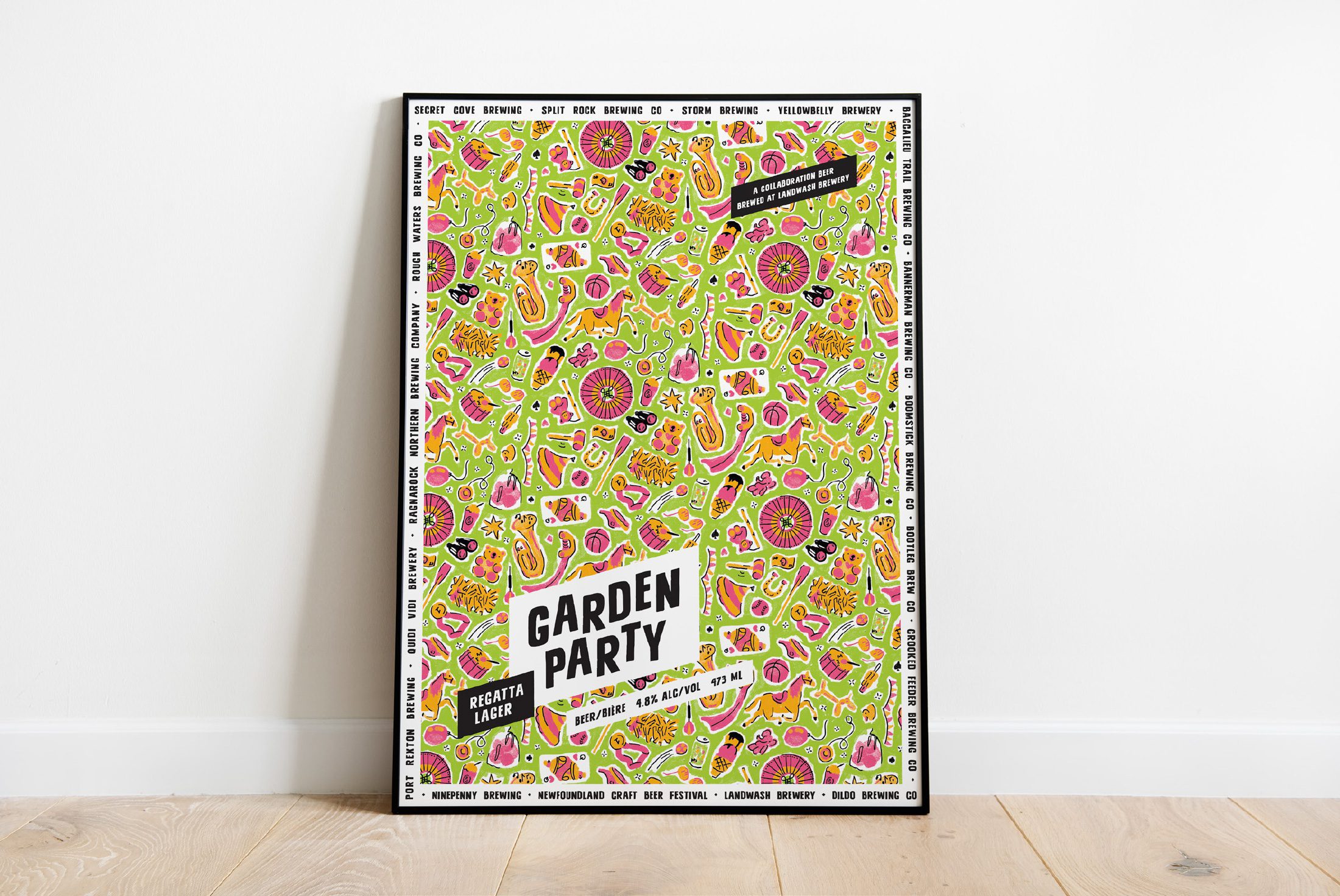 Picture of a large framed print of a pattern of regatta themed illustrations